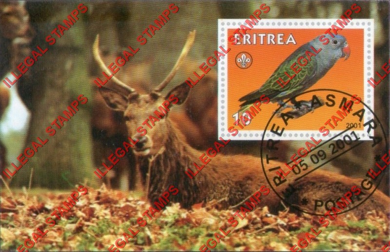 Eritrea 2001 Parrot Deer Counterfeit Illegal Stamp Souvenir Sheet of 1 Eritrea 2001 Parrot Deer Counterfeit Illegal Stamp Souvenir Sheet of 1